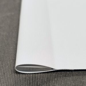 Custom roller shade fabric replacement kit with precision-cut fabric, aluminum hem bar, double-sided tape, and installation instructions.