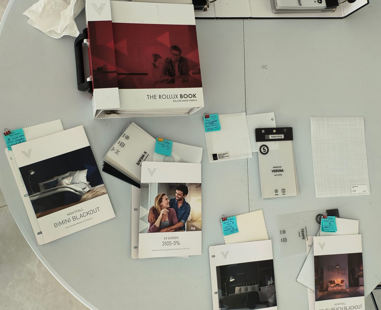 Roller shade fabric samples and catalog used for custom replacement orders shipped nationwide.