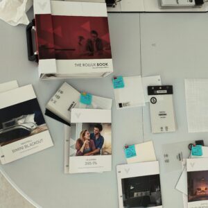 Roller shade fabric samples and catalog used for custom replacement orders shipped nationwide.